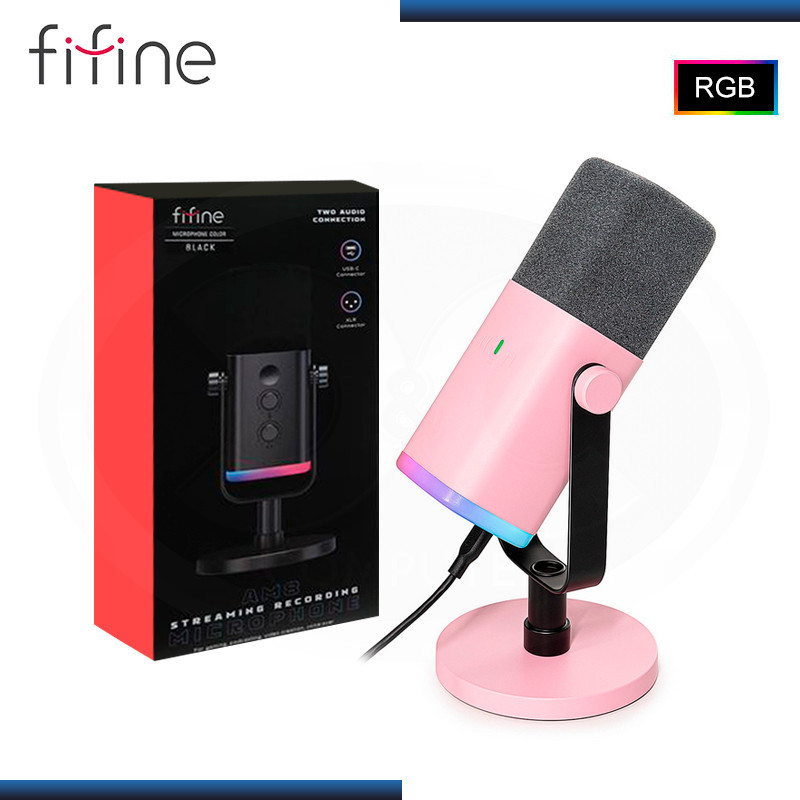 Fifine AMPLIGAME AM8 RGB USB/XLR Microphone - Dynamic Mic - Pink 