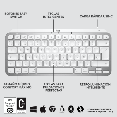 TECLADO LOGITECH MX KEYS MINI PALE GREY BLUETOOTH MULTI-DEVICE ILUMINACION INTELIGENTE SP (PN:920-010477)