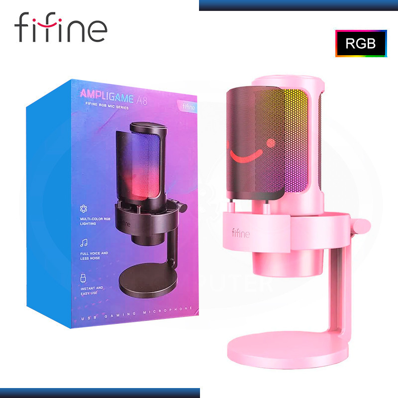Micrófono Fifine Ampligame AM8, cardiodide, conexión USB-C a XLR,  iluminación RGB, rosado