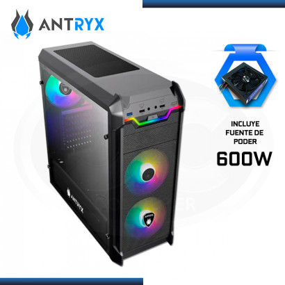 CASE ANTRYX RX VORTEX TG ARGB CON FUENTE 600W VIDRIO TEMPLADO USB 3.0/USB 2.0 (PN:AC-RX375TGK-600CPR1)