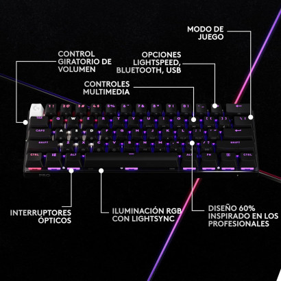 TECLADO LOGITECH G PRO X 60 BLACK LIGHTSPEED RGB TÁCTIL WIRELESS BLUETOOTH (PN:920-011902)