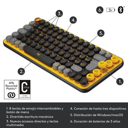 TECLADO LOGITECH POP KEYS BLACK YELLOW MULTI-DEVICE MECANICO WIRELESS (PN:920-010713)