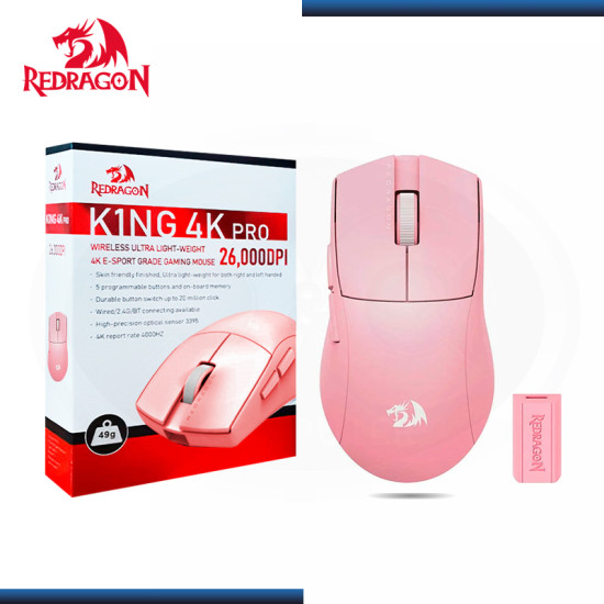 MOUSE REDRAGON M916P K1NG PRO 4K PINK 5 BOTONES 26,000 DPI USB-C/BLUETOOTH/WIRELESS