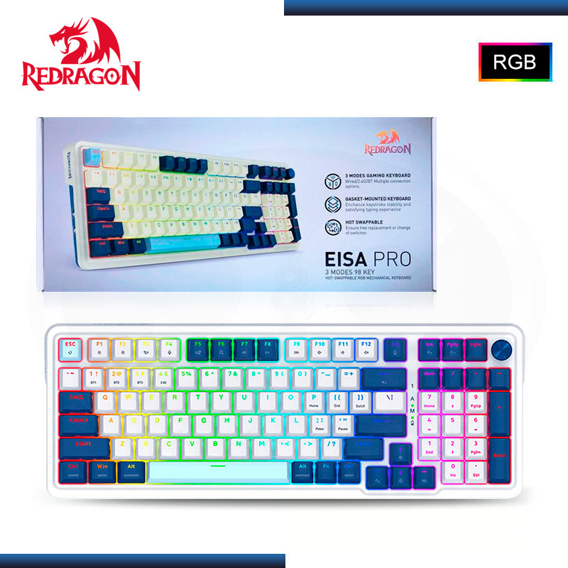 TECLADO REDRAGON EISA K686 PRO RGB WHITE BLUE INGLES USB-C/BLUETOOTH/WIRELESS