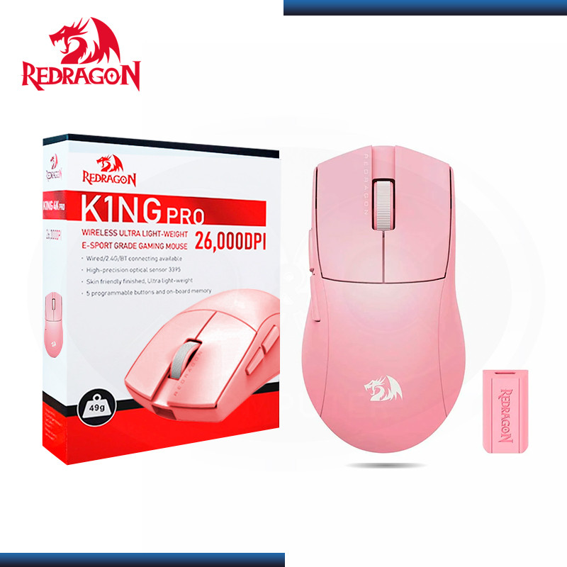 MOUSE REDRAGON M916 K1NG PRO 1K PINK BOTONES 26,000 DPI USB-C/BLUETOOTH/WIRELESS