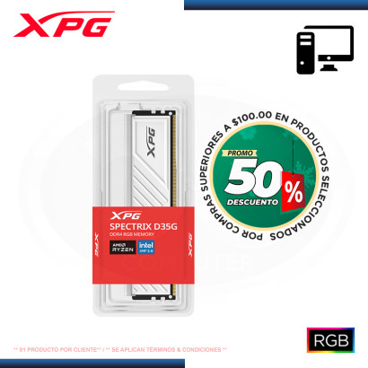 MEMORIA 8GB DDR4 XPG SPECTRIX D35G WHITE RGB BUS 3200MHz CON DISIPADOR (PN:AX4U32008G16A-SWHD35G)