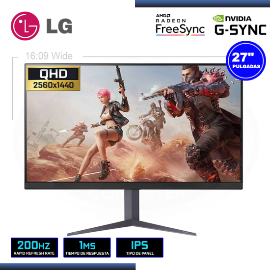 MONITOR LED 27" LG 27GS75Q-B ULTRAGEAR 2560x1440 HDMI DP 1MS/200Hz (OC)/AMD FREESYNC/COMPATIBLE NVIDIA G-SYNC