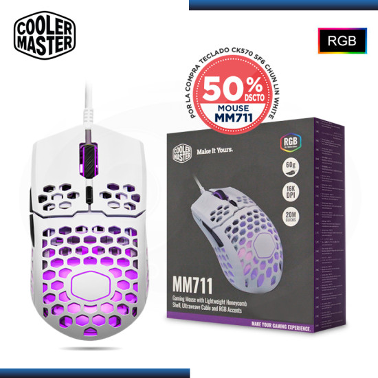 MOUSE COOLER MASTER MM711 WHITE MATTE RGB 16,000 DPI CONEXION WIRED USB (PN:MM-711-WW0L1)