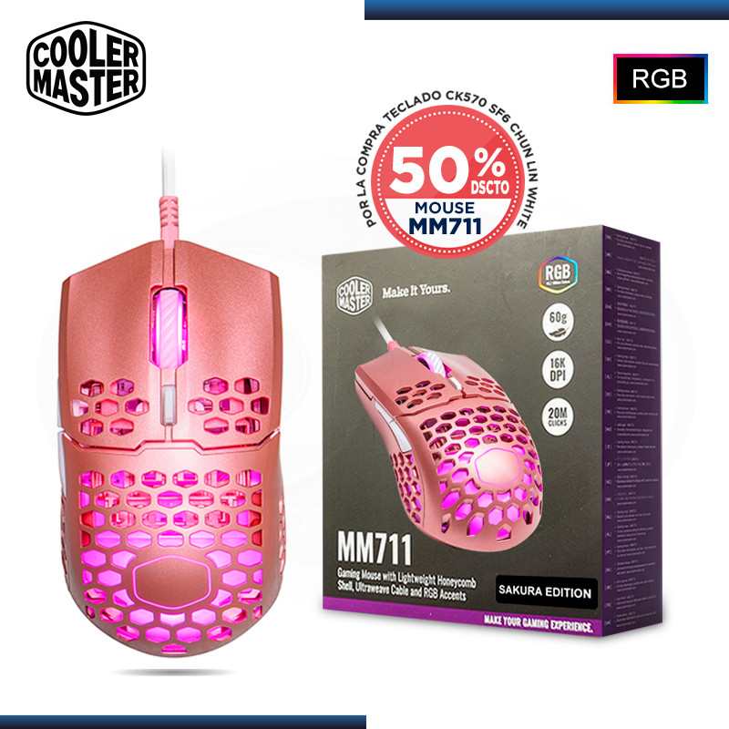 MOUSE COOLER MASTER MM711 SAKURA PINK RGB 16,000 DPI CONEXION WIRED USB (PN:MM-711-MP0L1)