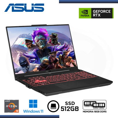 LAPTOP ASUS TUF GAMING A16 FA607PV /GEFORCE RTX 4060/AMD RYZEN 9 7940HX /PANTALLA 16"/MEMORIA 16GB DDR5/SSD 512GB M.2/WIN 11